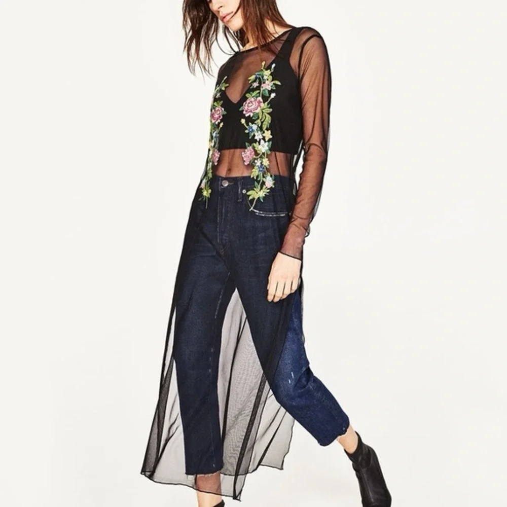 ZARA EMBROIDERED FLORAL TULLE OVERLAY DRESS BLACK SHEER LONG SIZE S FIT M NWOT - Picture 3 of 9